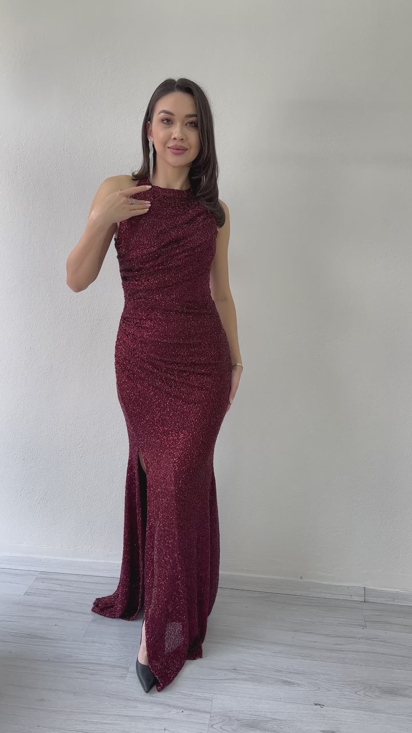 Women's Burgundy Embellished Halter Neck Drapedd Slit Evening Gown