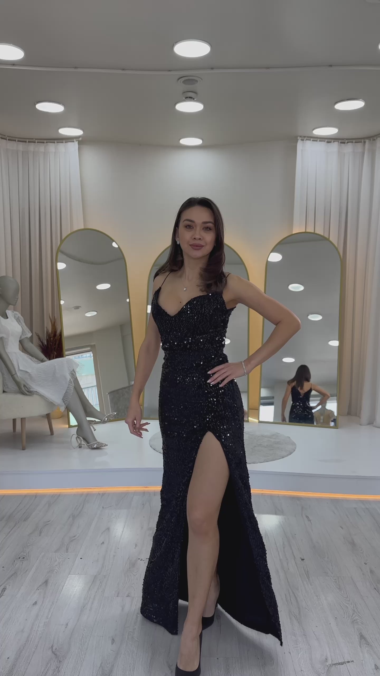 Women's Black Spaghetti Strap Sequin Slit Evening Gown