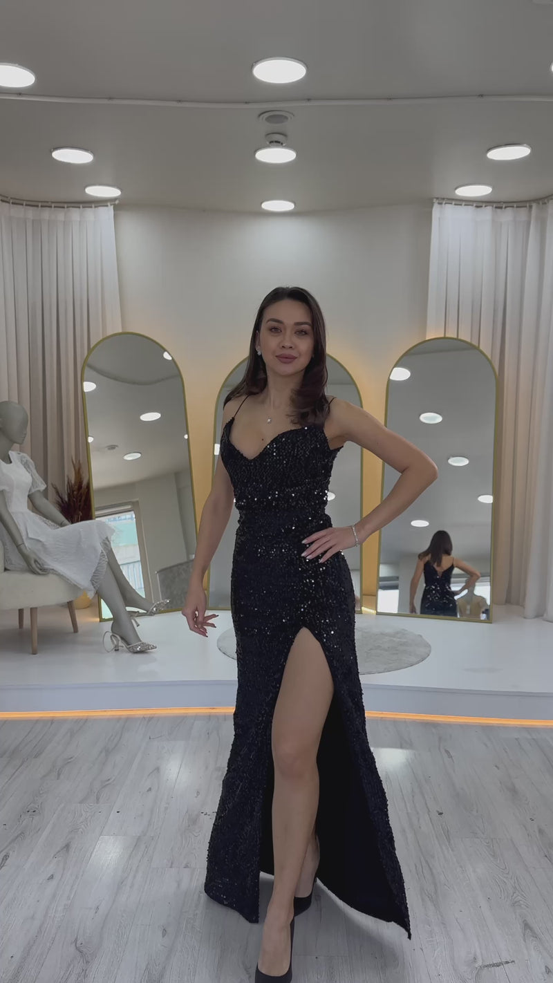 Women's Black Spaghetti Strap Sequin Slit Evening Gown