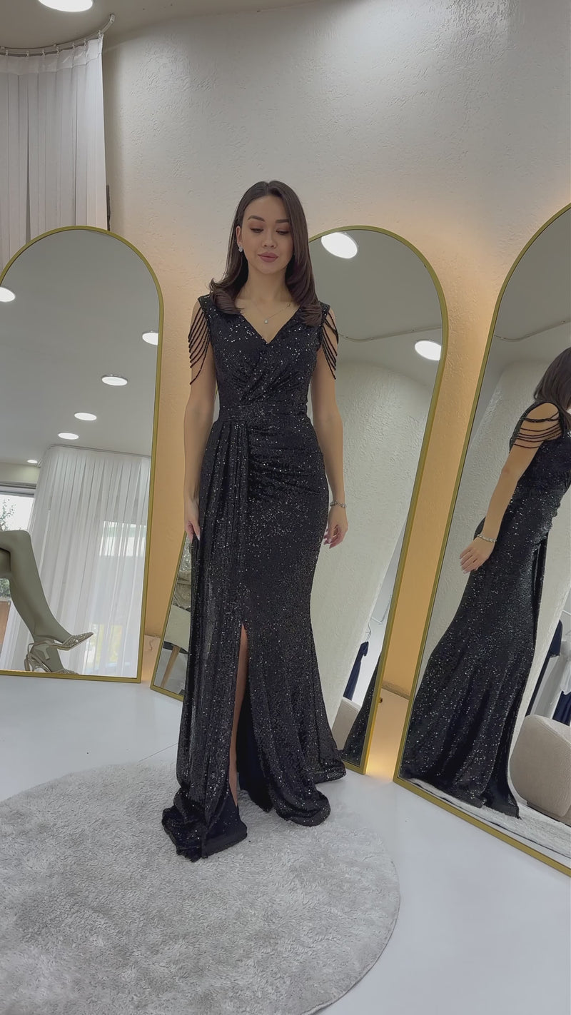 Women's Black Wrap Neck Omuz Detail Sequin Plus Size Evening Gown