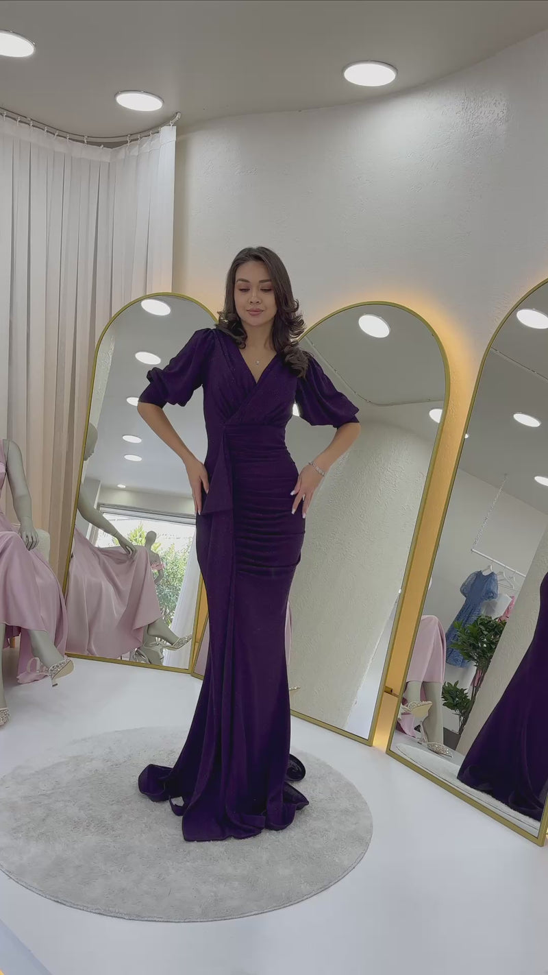 Women's Purple Balloon Sleeve Glitter Drapedd Ruffle Detail Mermaid Evening Gown