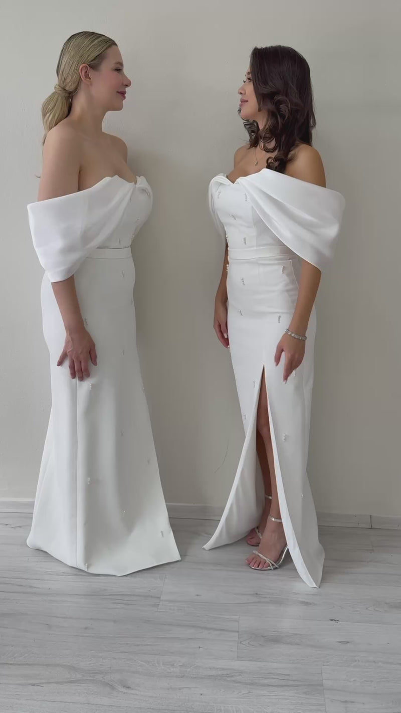 Women's White Boat Neck Boncuk Detail Slit Bridal Gown Dress