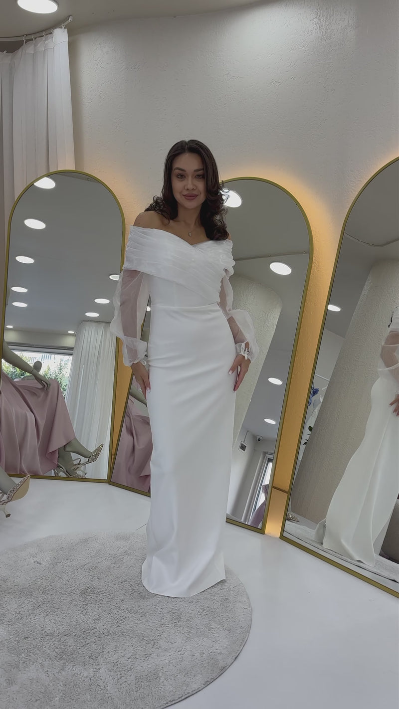 Women's White Chiffon Sleeve Detaillı Off-Shoulder Mermaid Evening Gown