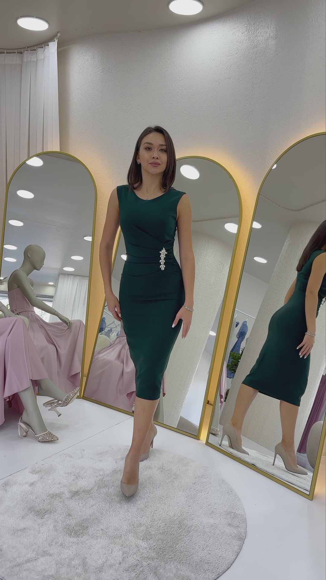 Women's Green Drapedd Broş Detaillı Midi Plus Size Pencil Dress