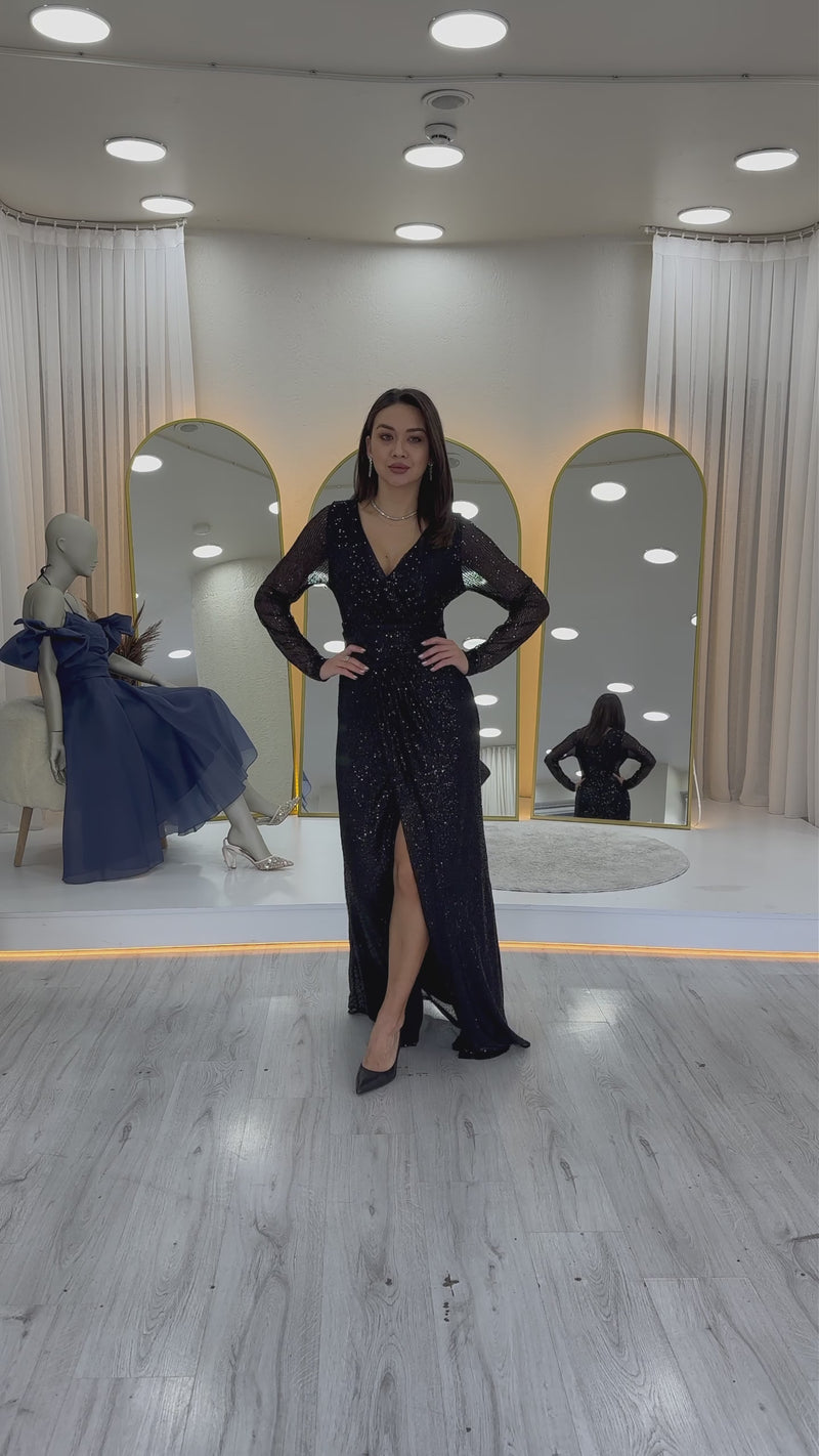 Women's Black Wrap Neck Sequin Long Evening Gown