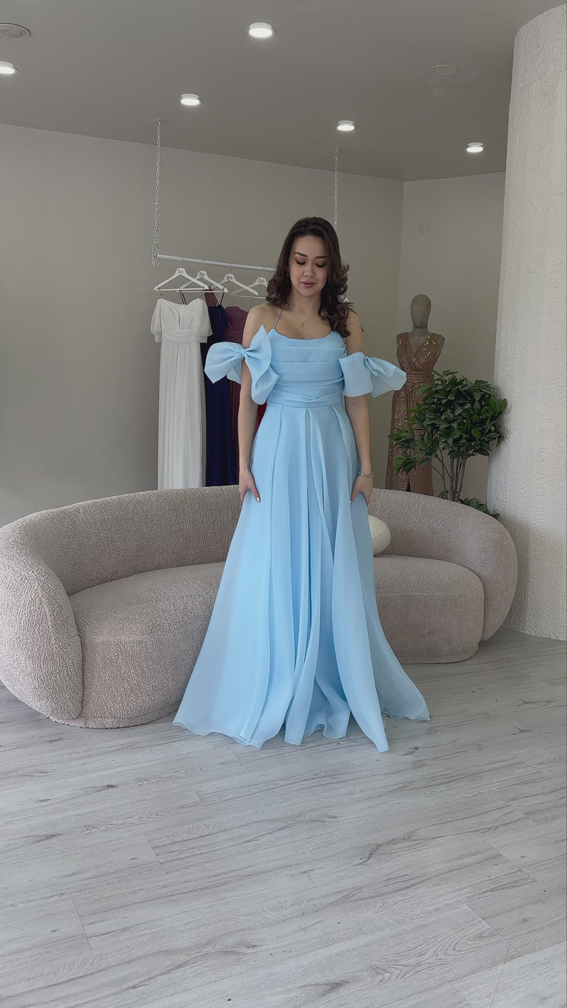 Women's Baby Bluesi Drapedd Halter Tie Bow Sleeve Detail Organze Evening Gown