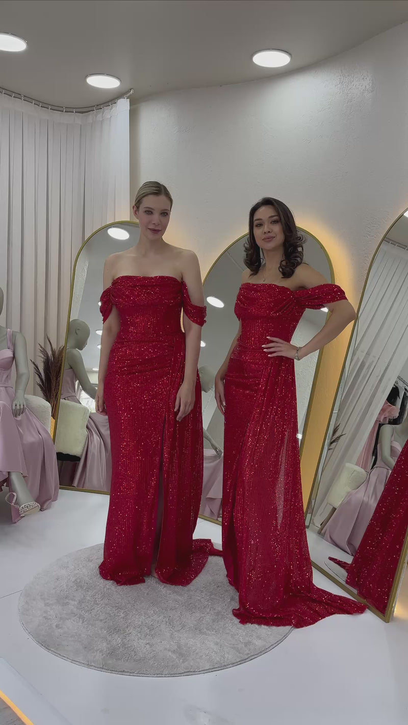 Women's Off-Shoulder Red Sequin Slit Evening Gown