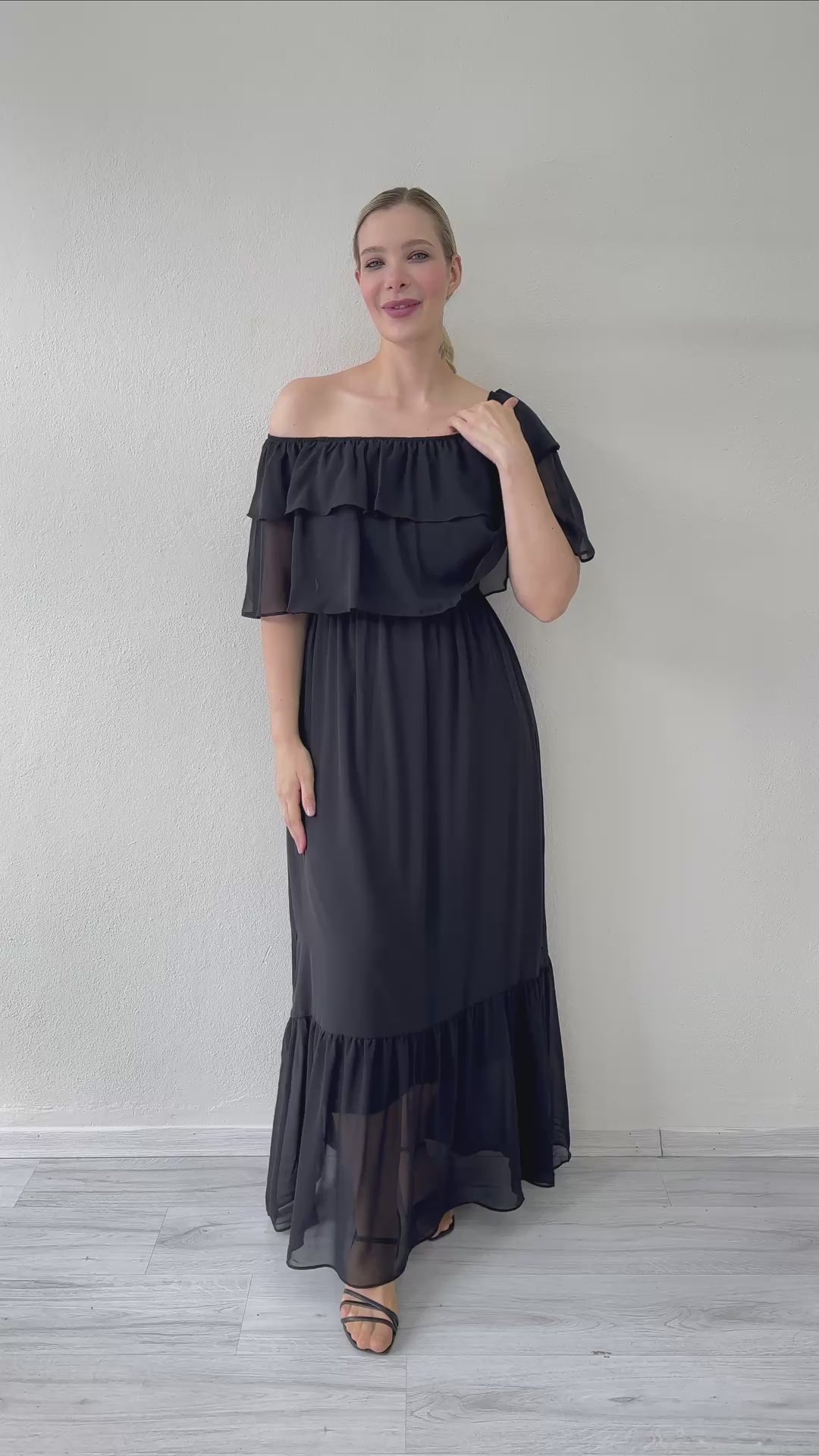 Women's Black Carmen Neck Ruffled Plus Size Long Chiffon Dress