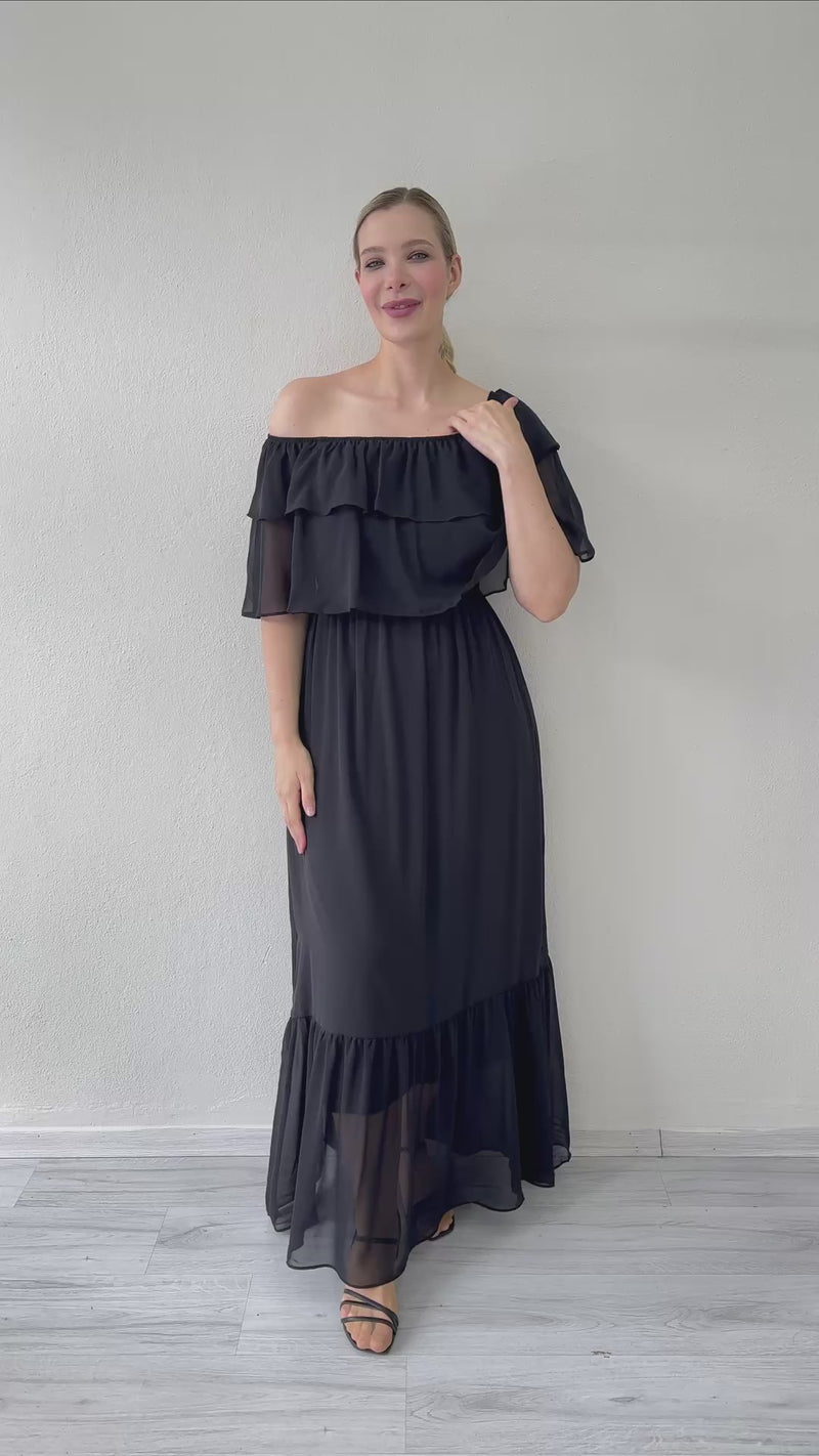 Women's Black Carmen Neck Ruffled Plus Size Long Chiffon Dress