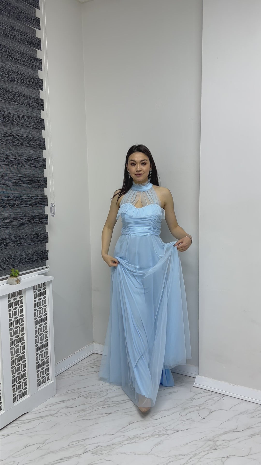 Women's Baby Bluesi Drapedd Sleevesuz Tulle Evening Gown