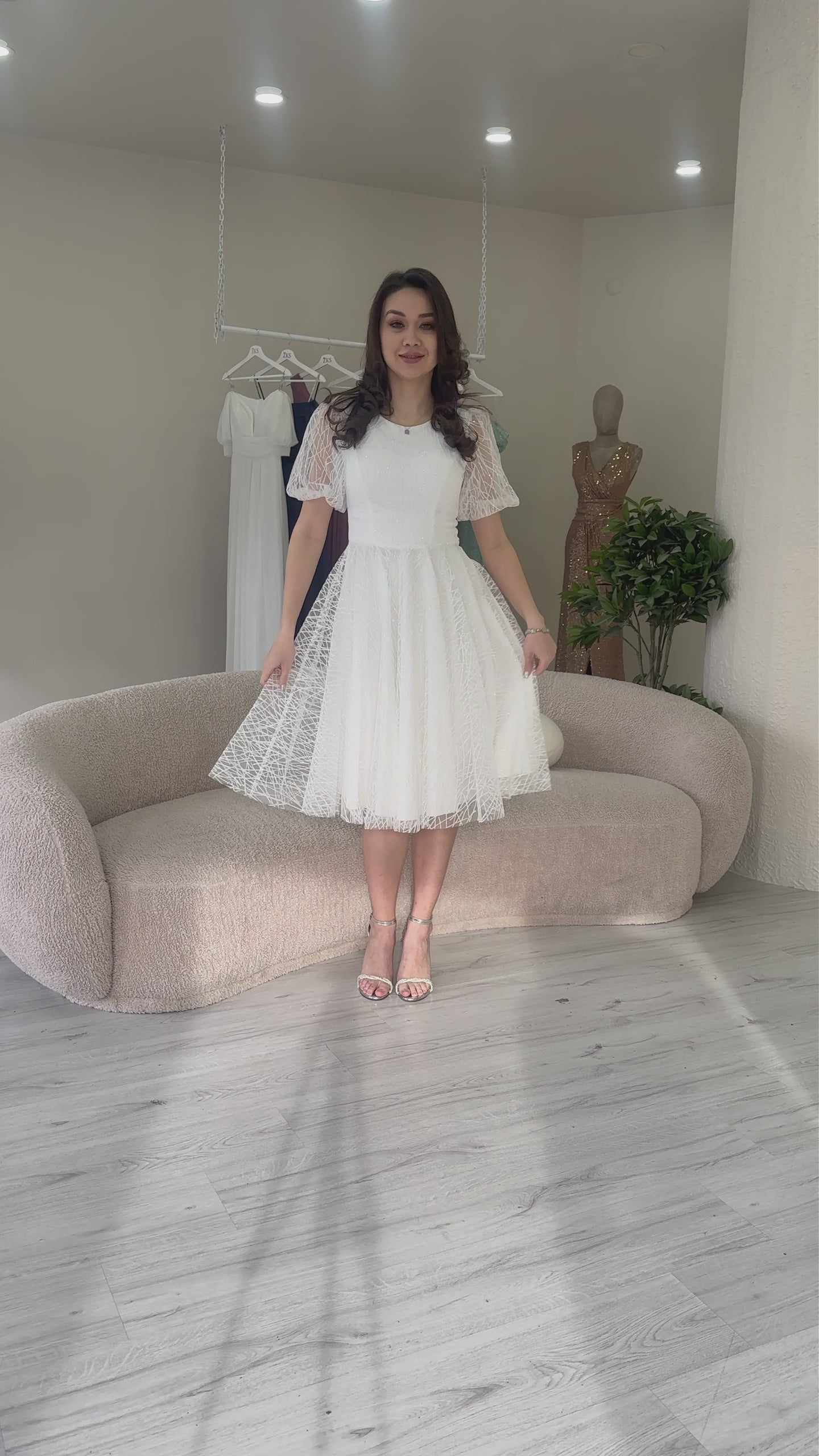 Women's White Balloon Sleeve Glitter Flared Midi Evening Gown