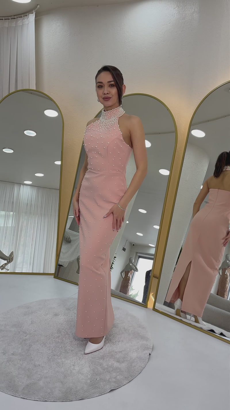Women's Powder Pink Pearl Halter Neck Evening Gown