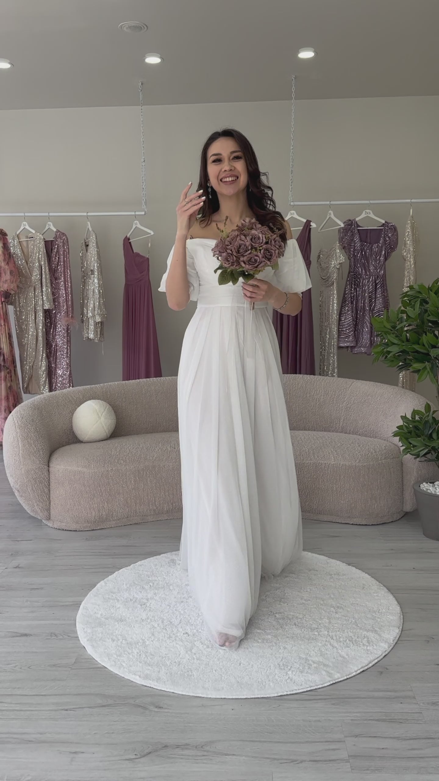 Women's White Short Sleeve Drapedd Evening Gown