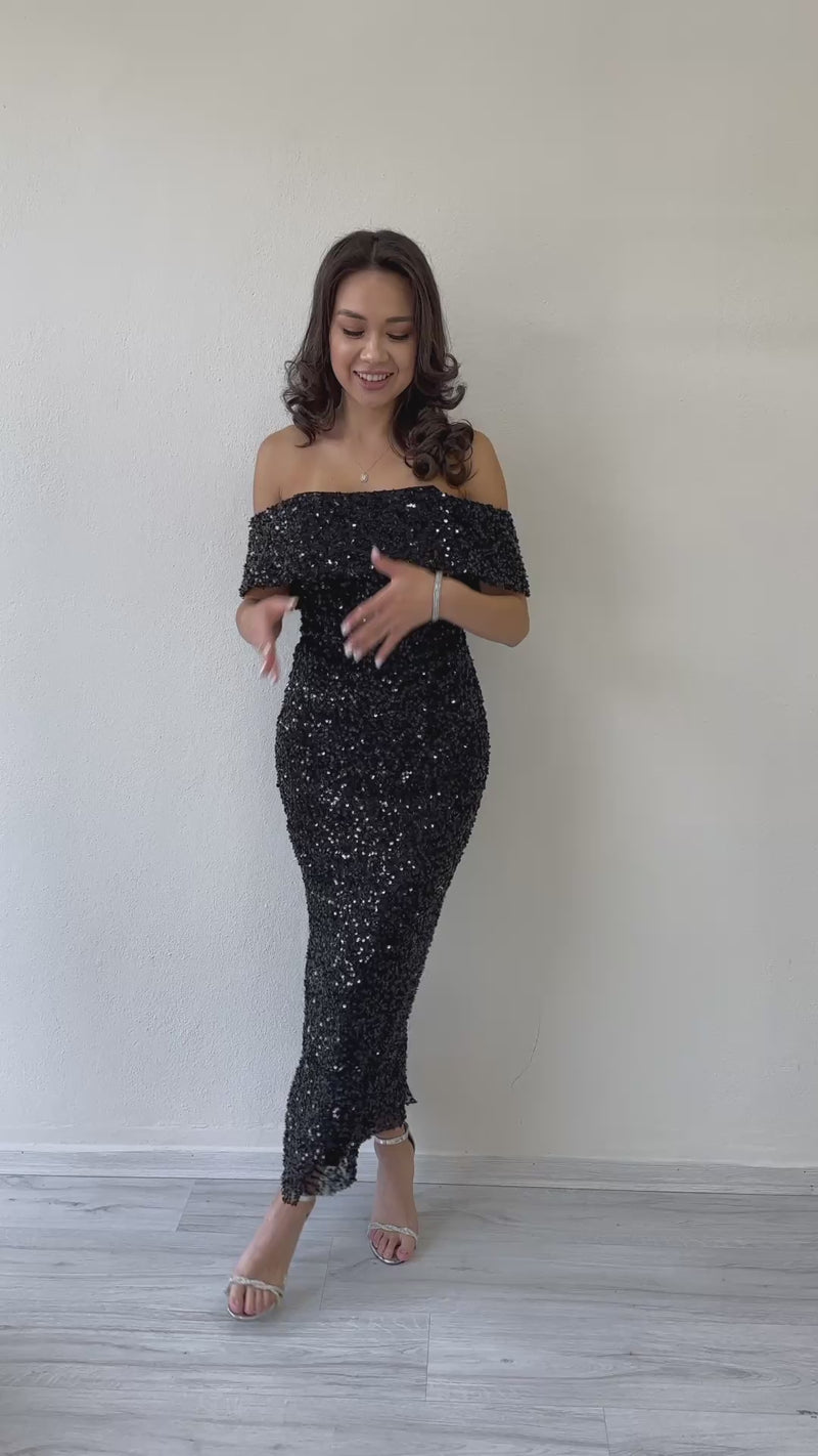 Black Madonna Collar Sequin Embellished Pencil Midi Evening Dress