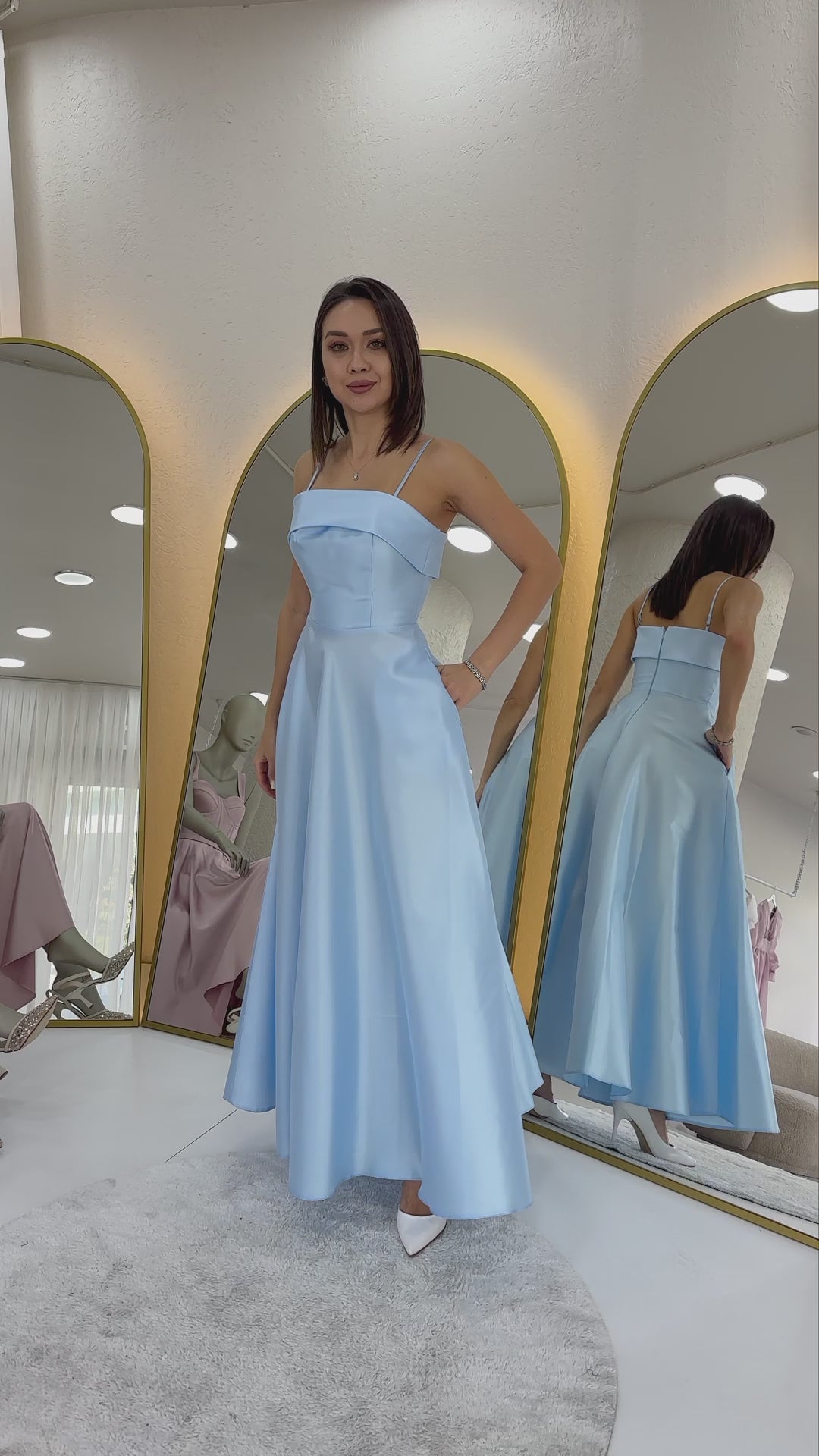 Women's Baby Blue İnce Strap Cep Detaillı Evening Gown