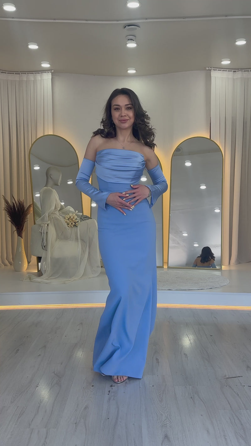 Indigo Strapless Satin Fishtail Evening Dress