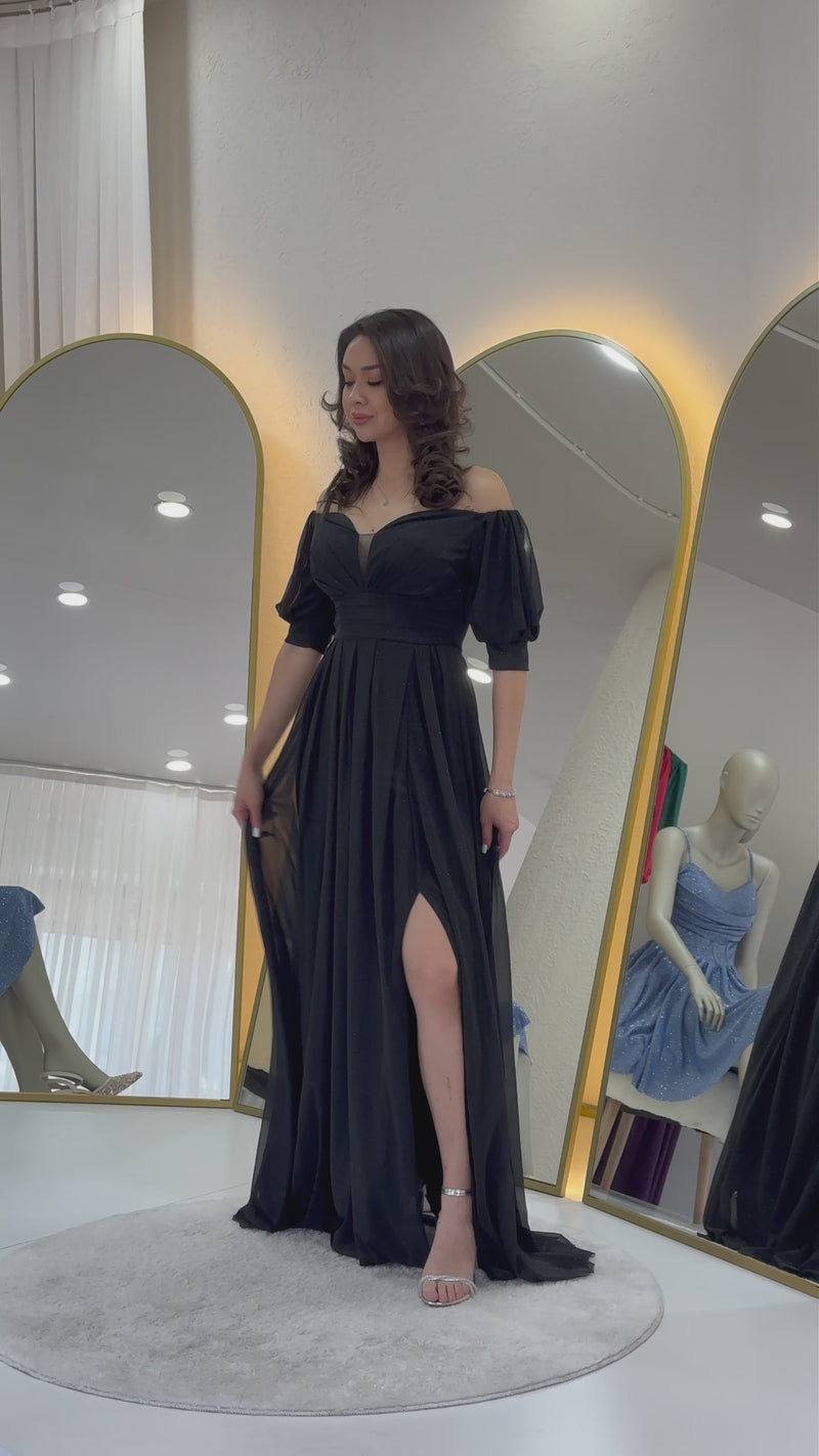 Women's Black Short Sleeve Drapedd Evening Gown