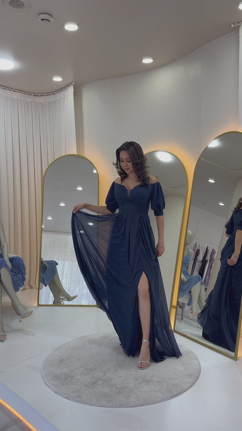 Women's Navy Blue Short Sleeve Drapedd Evening Gown