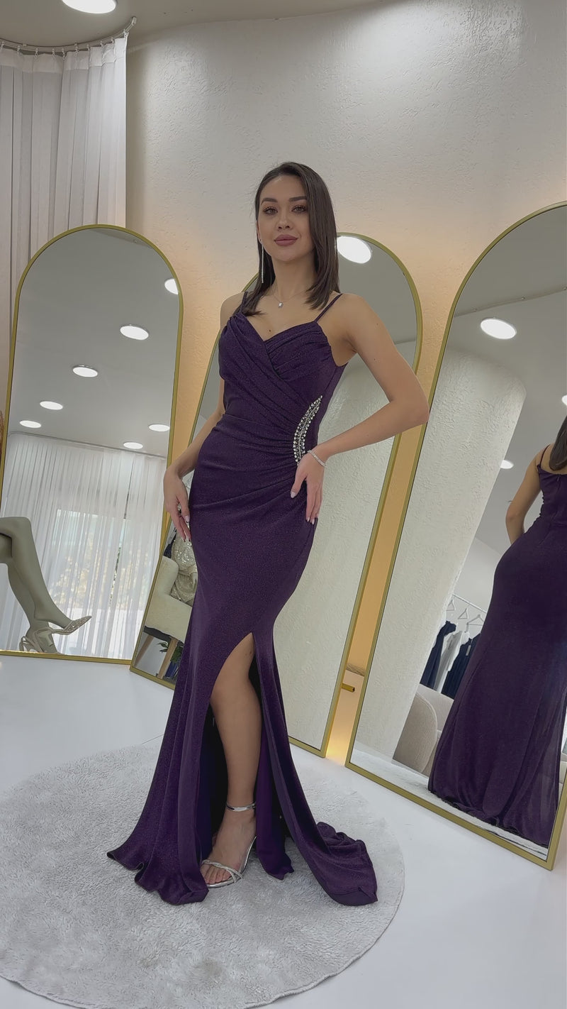 Women's Purple Strap Wrap Neck Drapedd Crystal Embellished Glitter Evening Gown