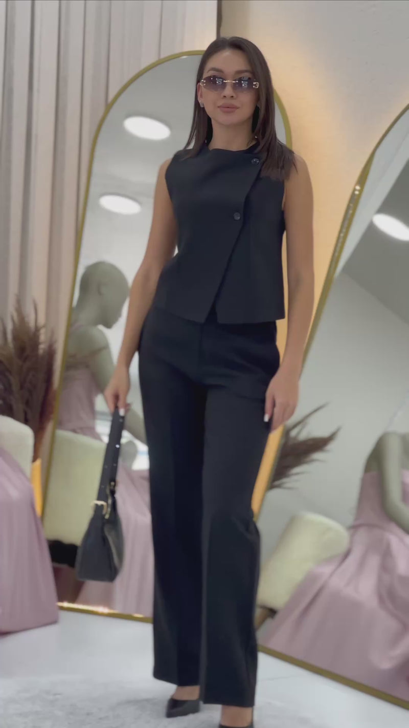 Women's Black Çapraz Buttoned Vest Pants Two-Piece Set