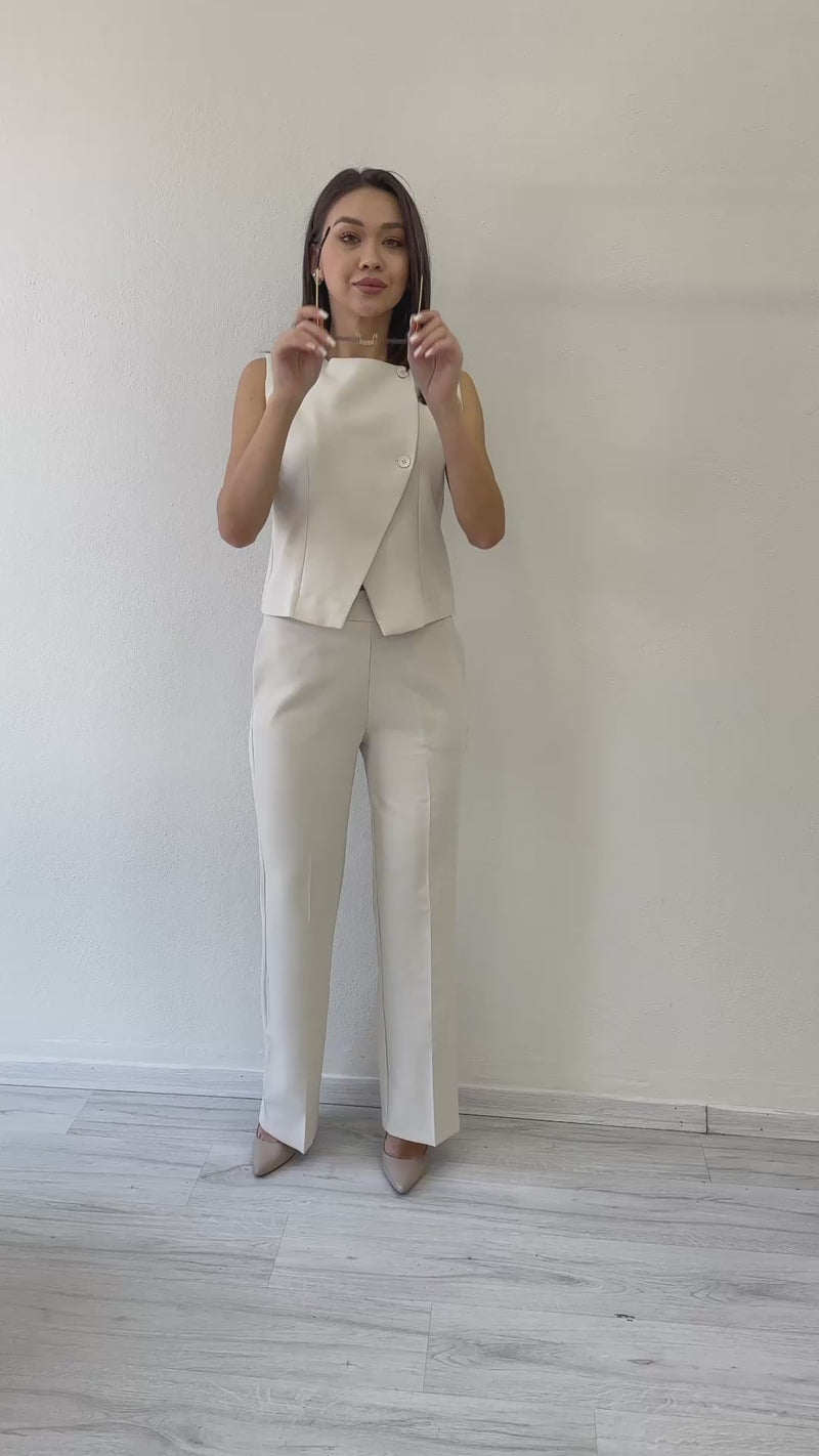 Women's Beige Çapraz Buttoned Vest Pants Two-Piece Set