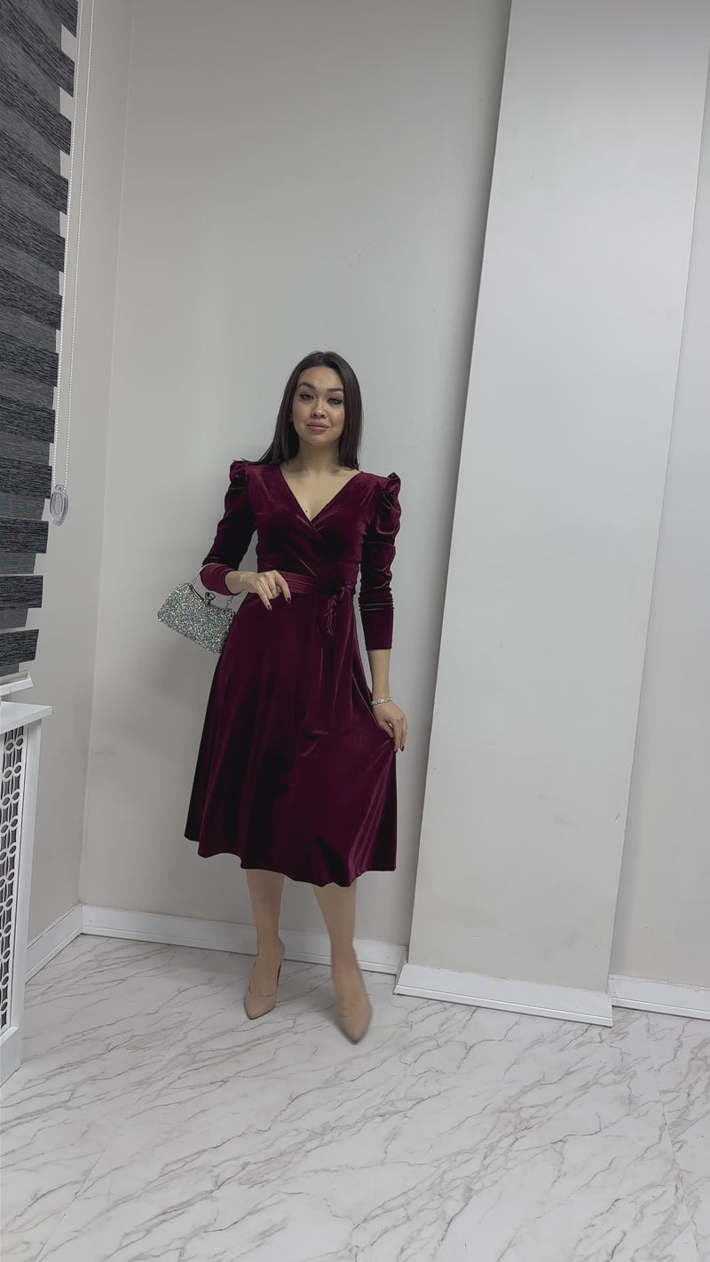Burgundy Midi Length Velvet Dress