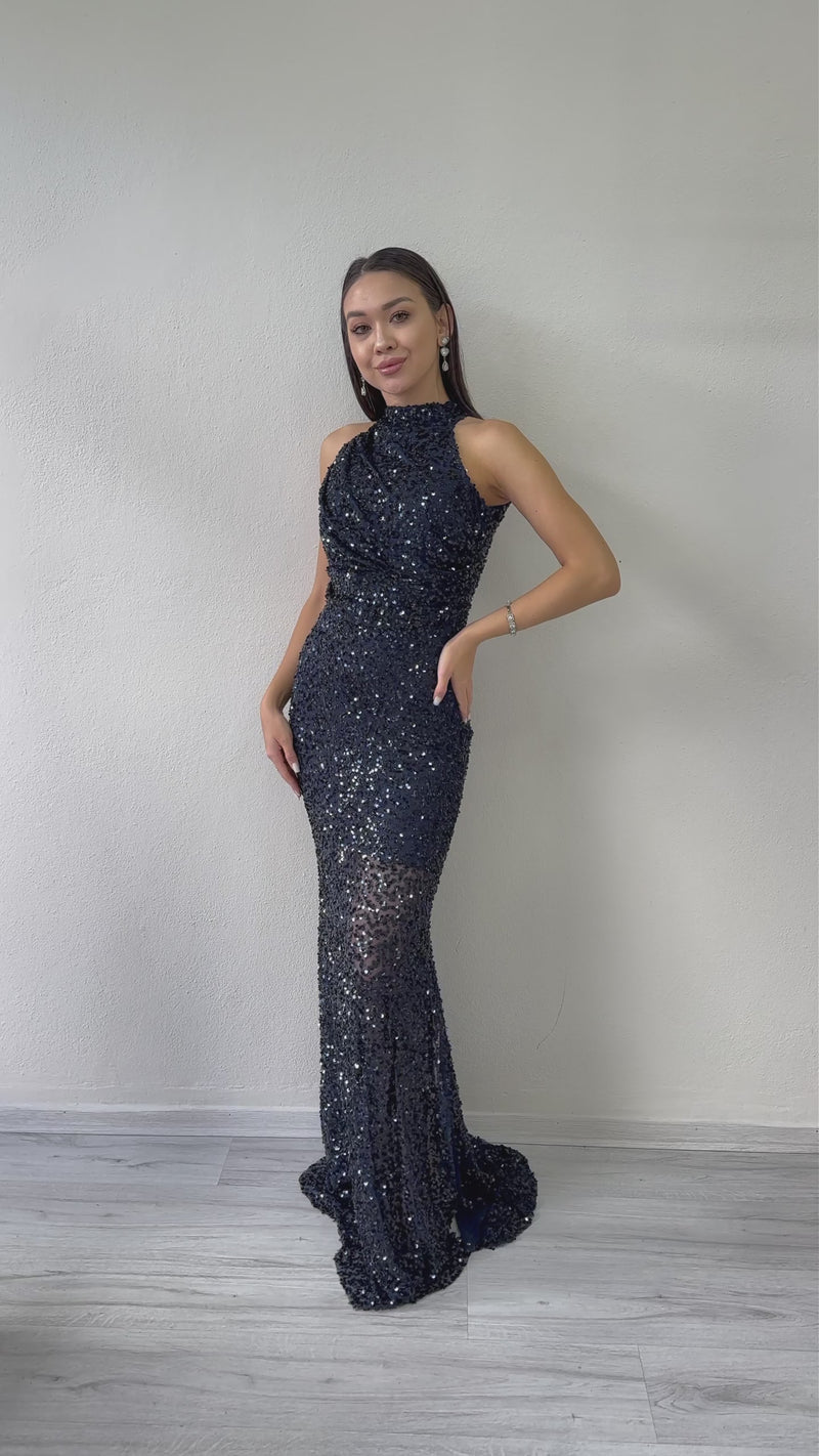 Women's Navy Blue Halter Neck Sequin Train Evening Gown