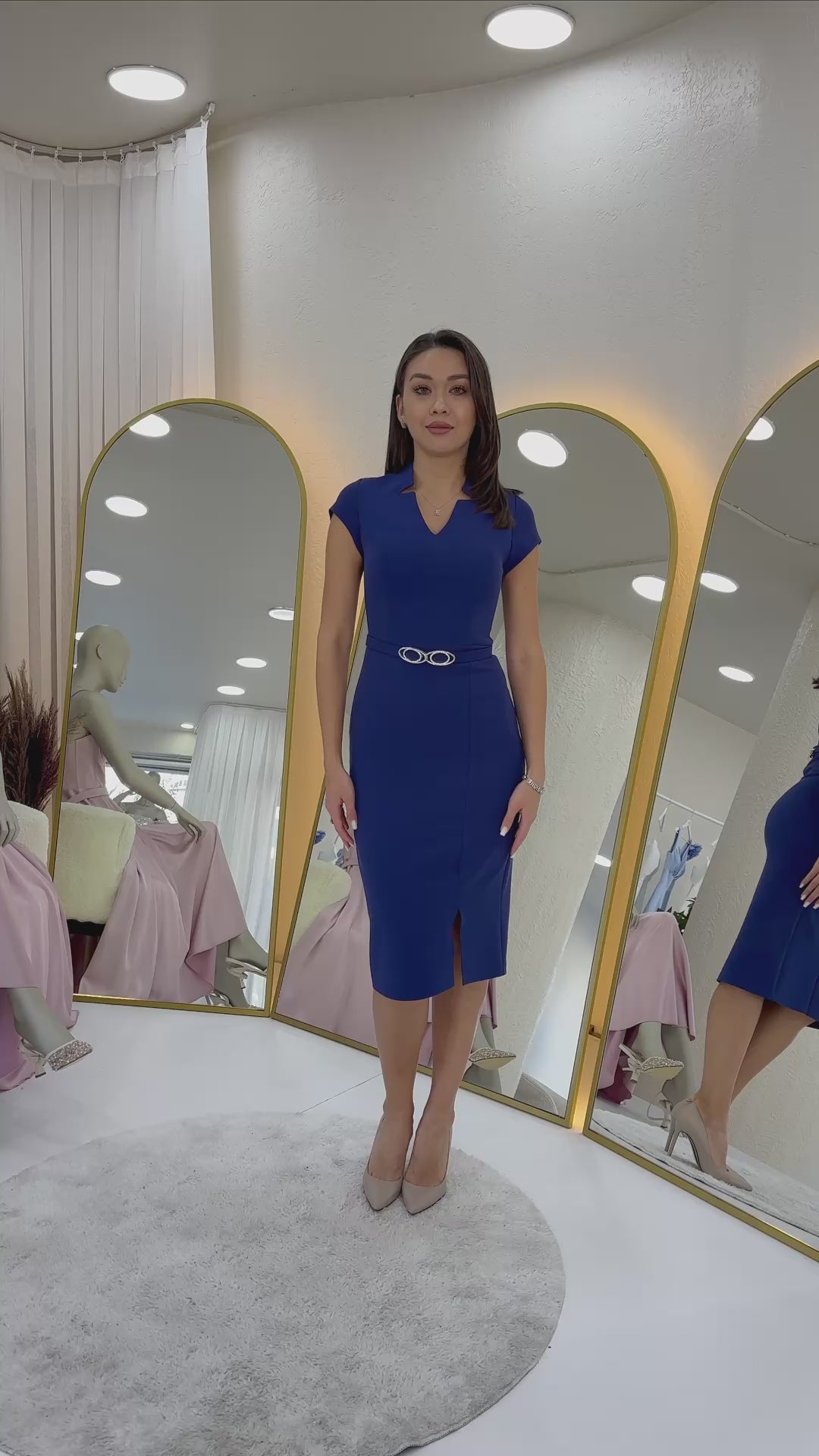 Women's Navy Blue V-Neck Half Sleeve Belted Midi Pencil Dress