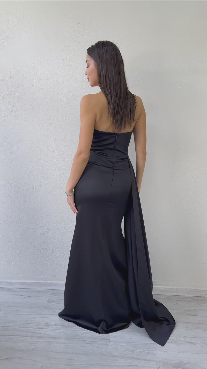 Women's Black Strapless Drapedd Designer Satin Evening Gown