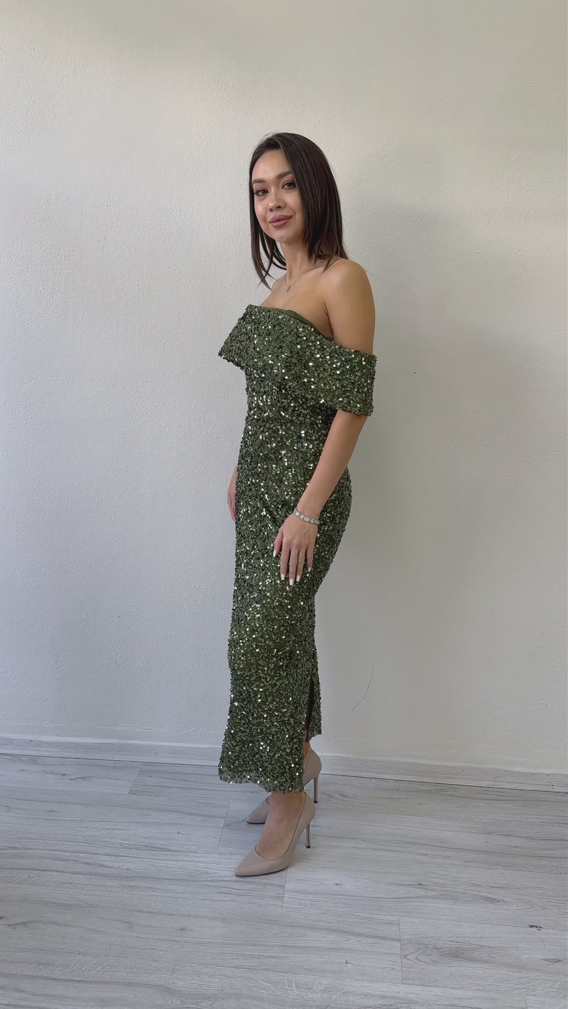 Women's Khaki Madonna Collar Sequin Embellished Pencil Midi Evening Gown