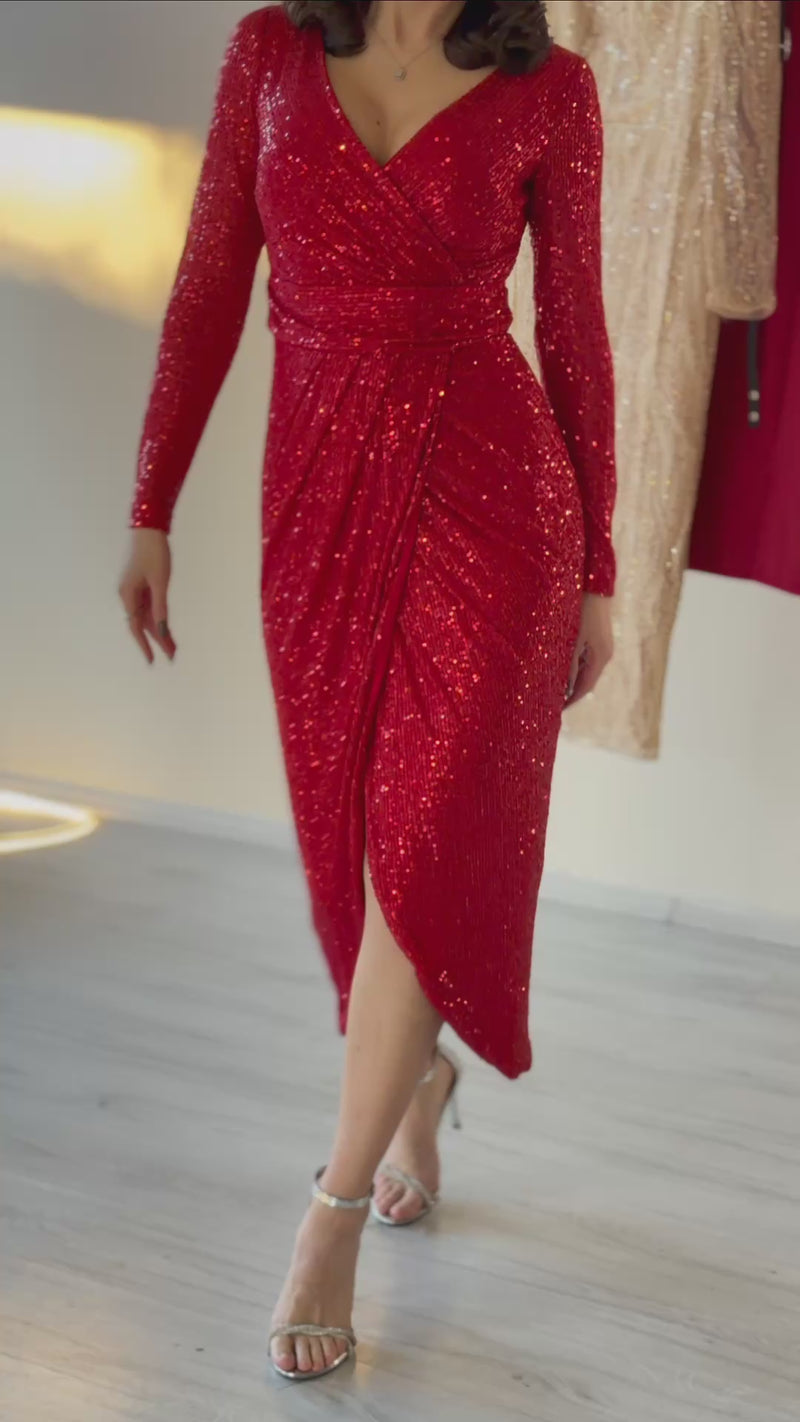 Red Sequin Midi Evening Dress