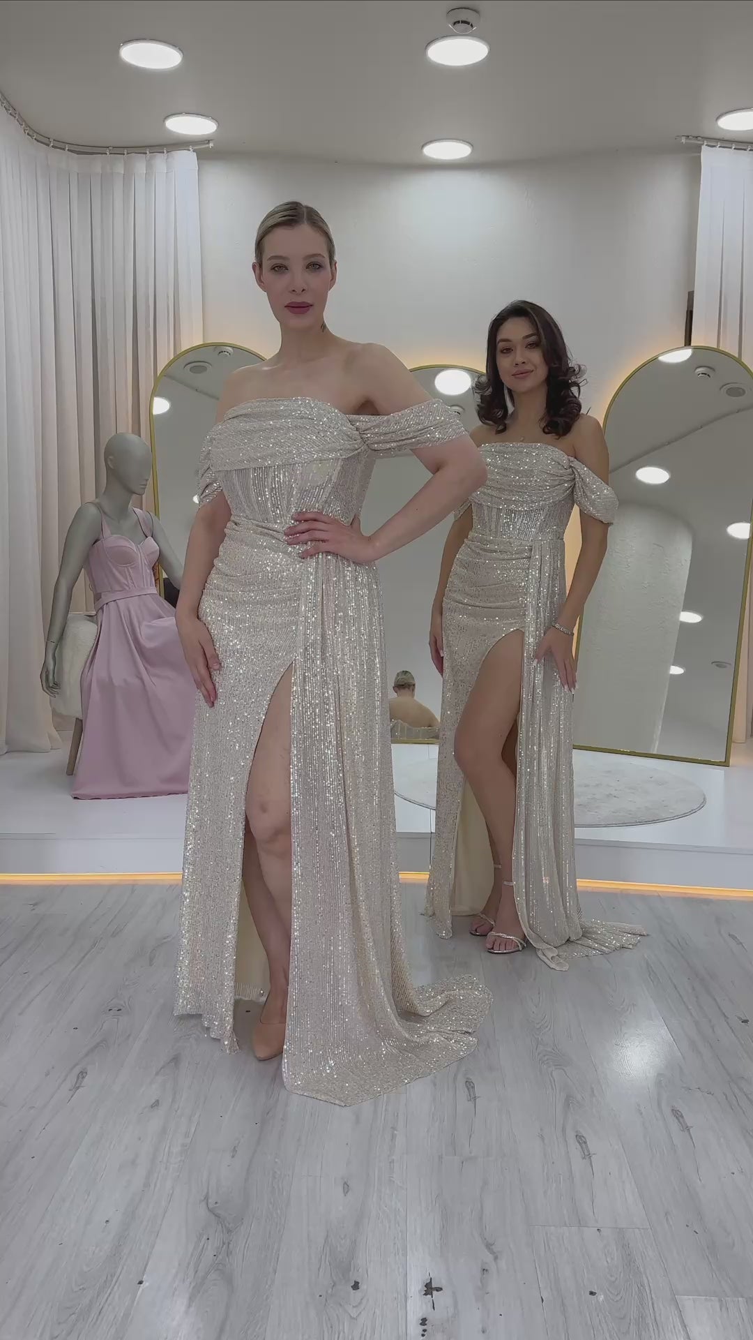 Women's Off-Shoulder Beige Sequin Slit Evening Gown