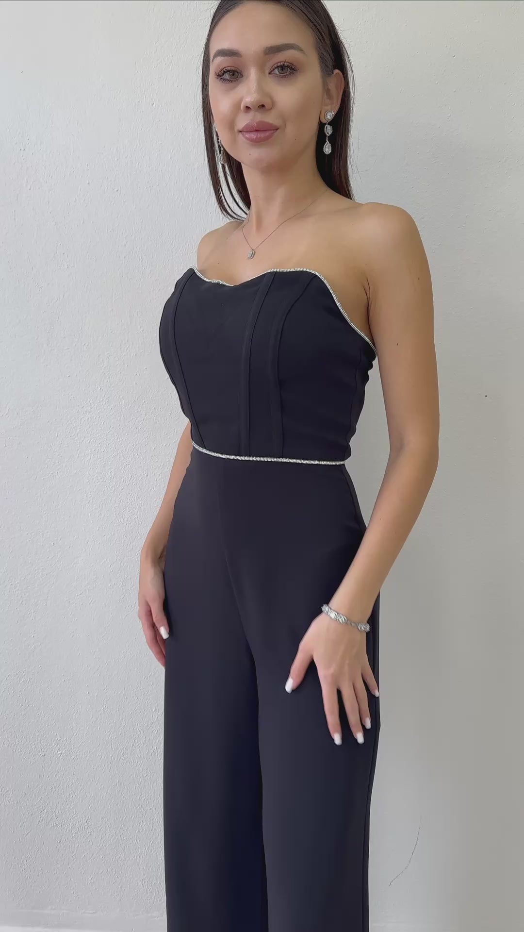 Women's Black Crystal Embellished Strapless Jumpsuit