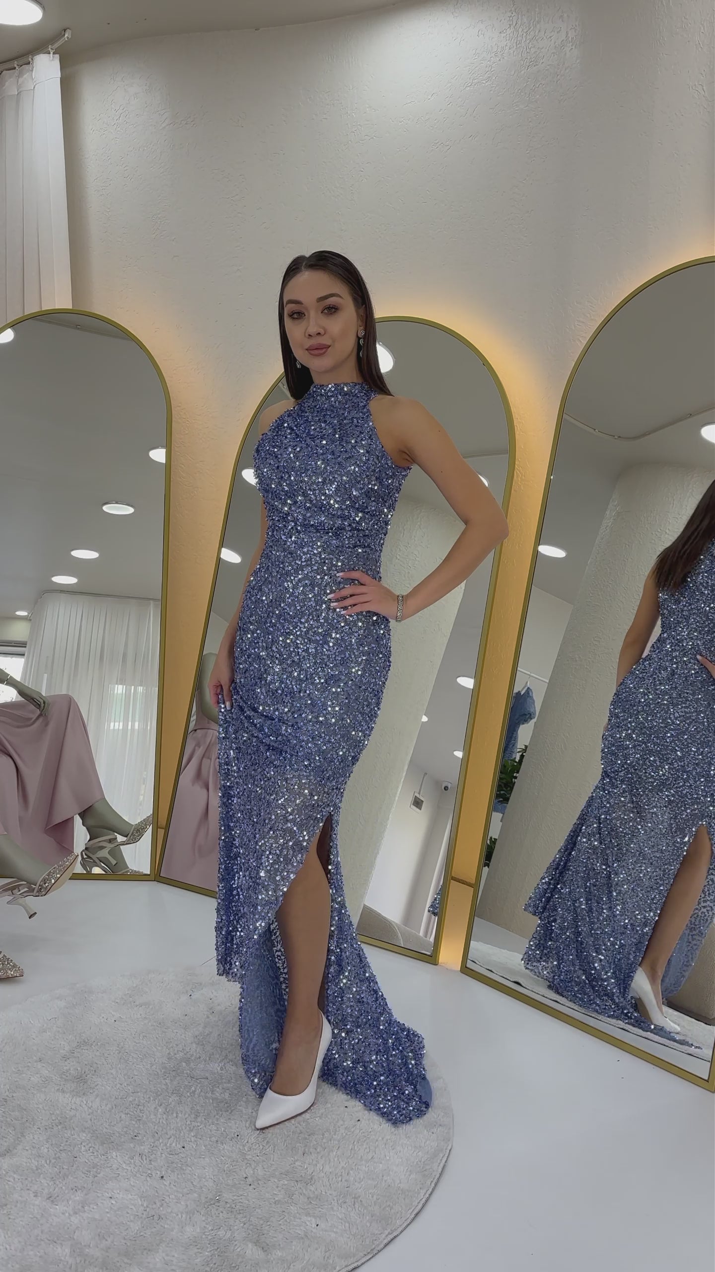 Women's Baby Blue Halter Neck Sequin Train Evening Gown