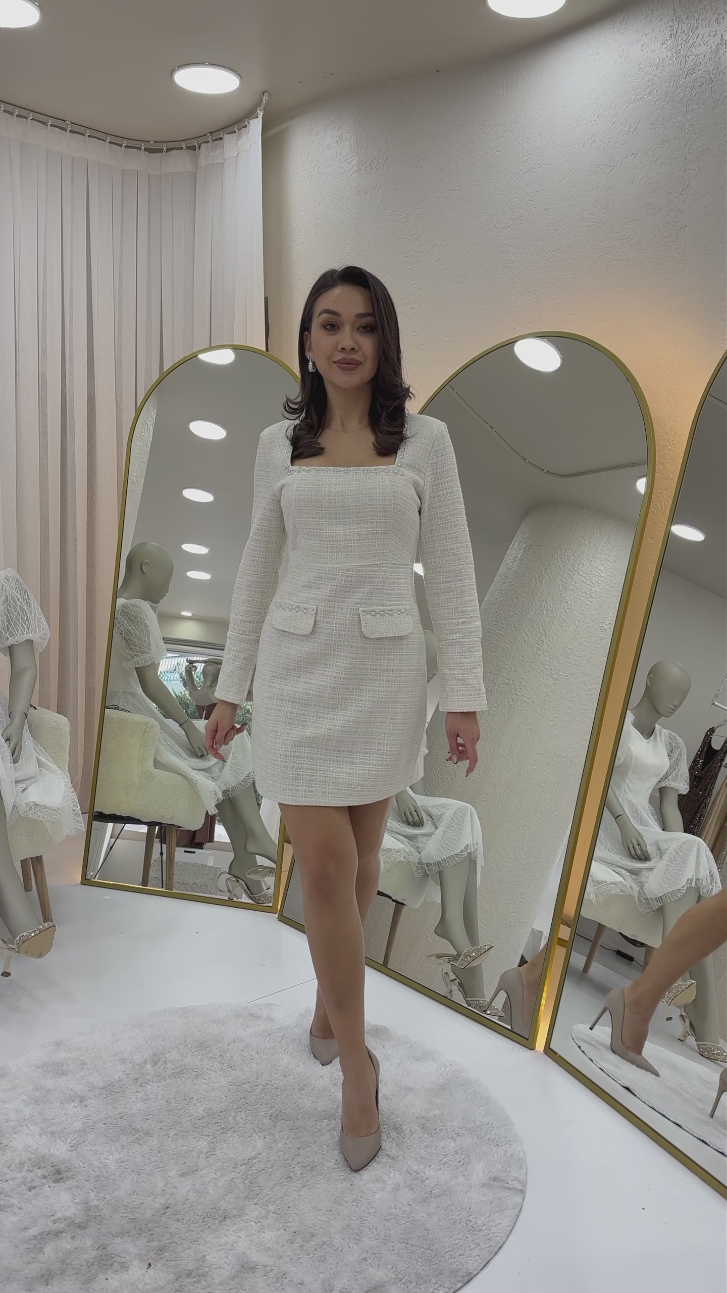 Ecru Tweed Dress and Jacket Two-Piece Set