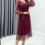 Burgundy Polka Dot Midi Tulle Dress