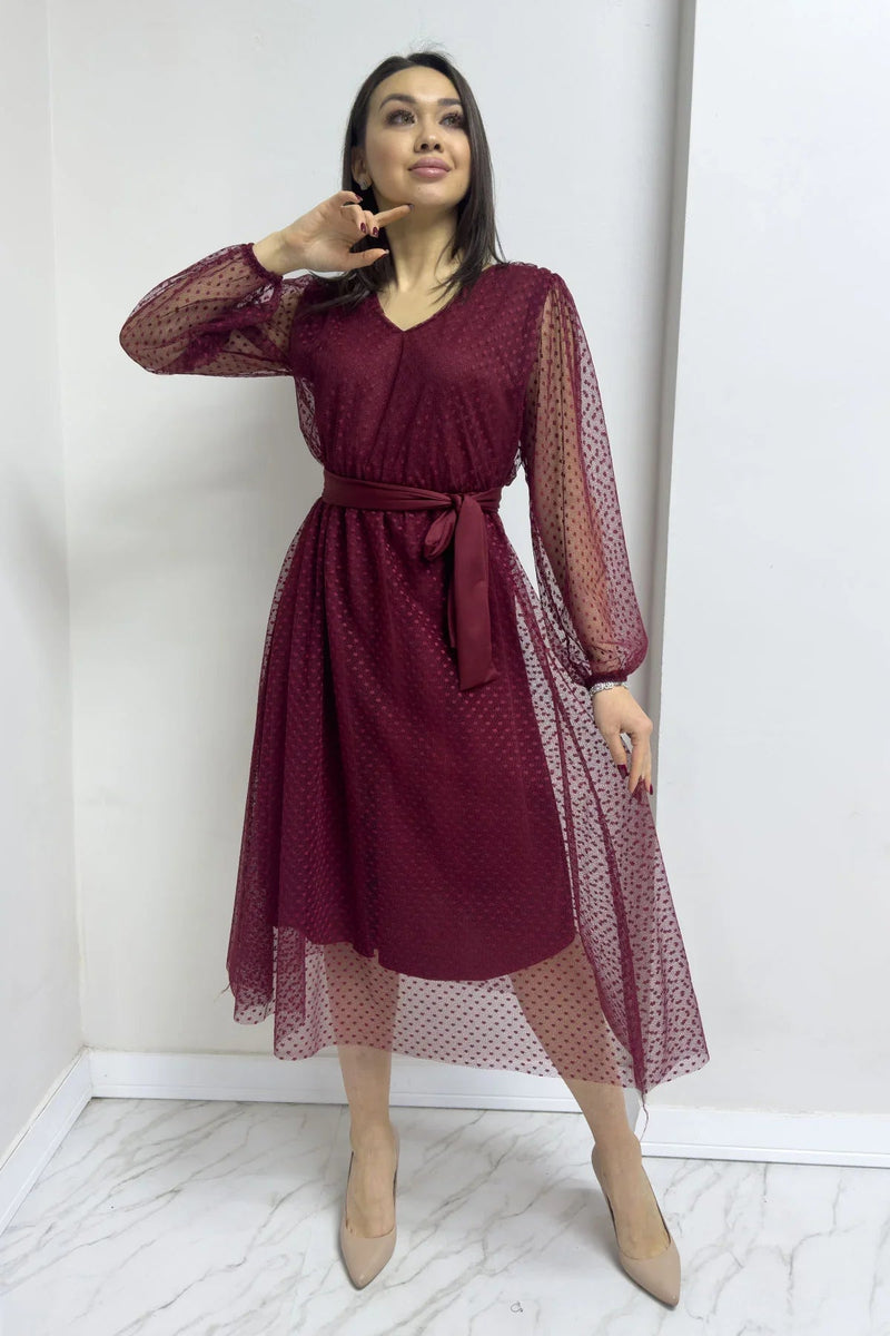 Women's Burgundy Puantiyeli Belted V-Neck Flared Dress