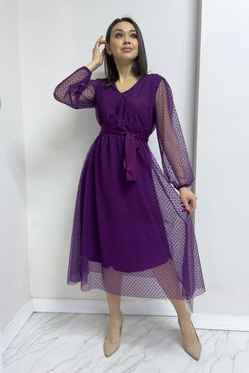 Women's Purple Puantiyeli Belted V-Neck Flared Dress