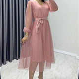 Pink Polka Dot Belted V-Neck Flared Dress