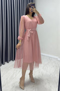 Pink Polka Dot Belted V-Neck Flared Dress