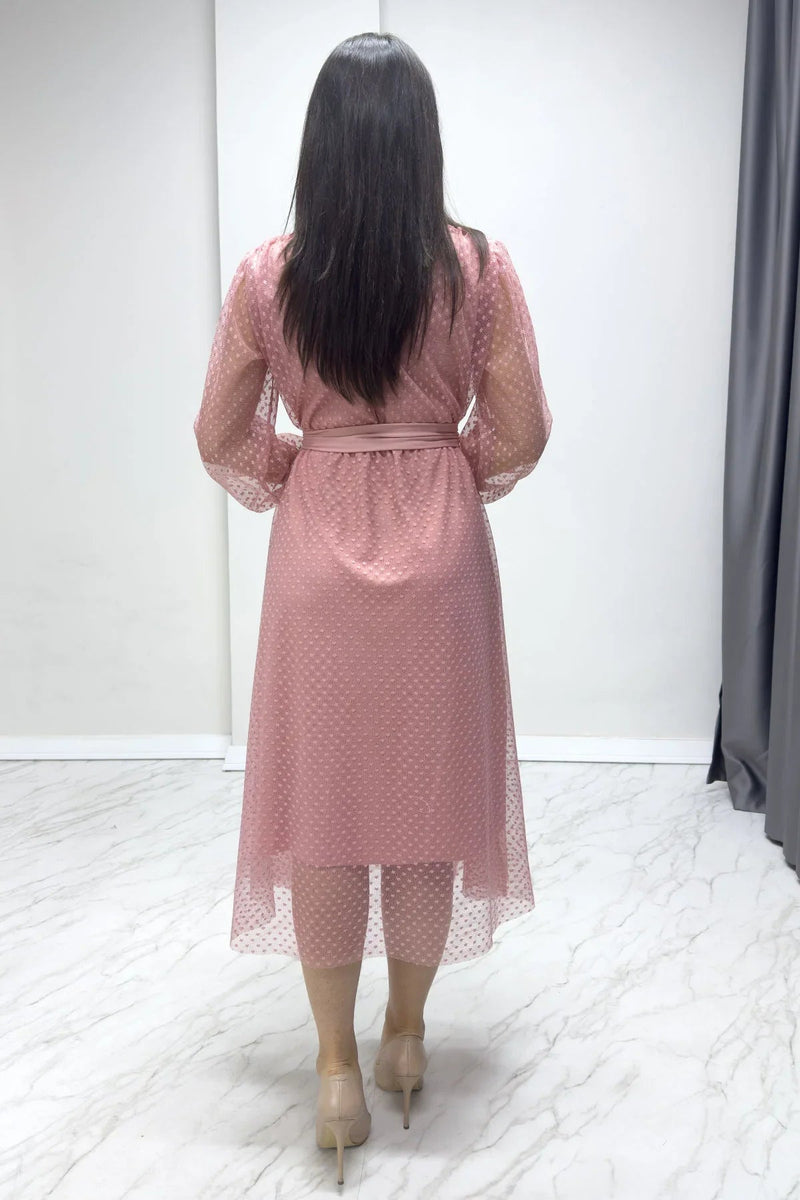 Women's Pink Puantiyeli Belted V-Neck Flared Dress