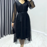 Black Polka Dot Belted V-Neck A-Line Dress