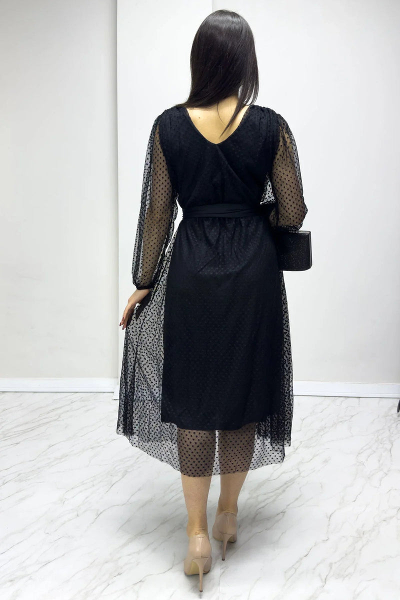 Women's Black Puantiyeli Belted V-Neck Flared Dress