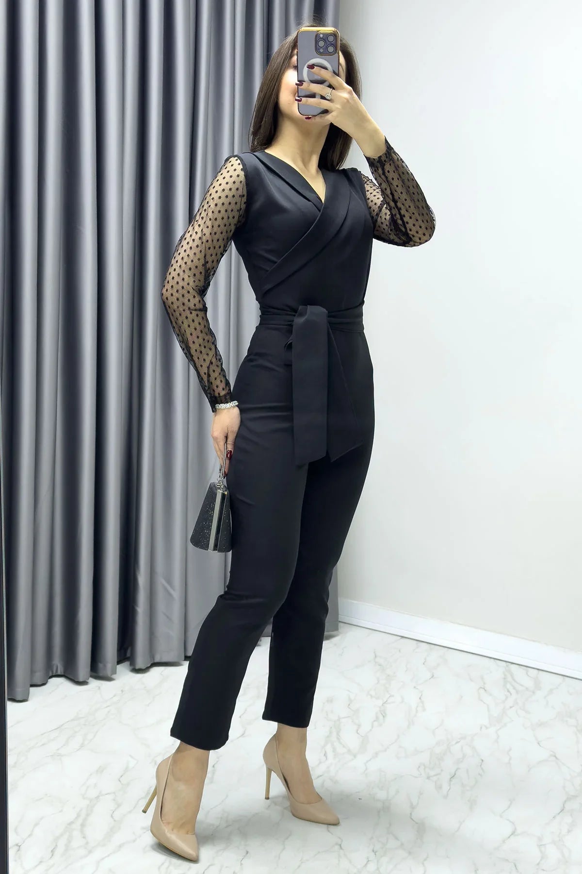 Women's Black Puantiye Sleeve Belted Jumpsuit