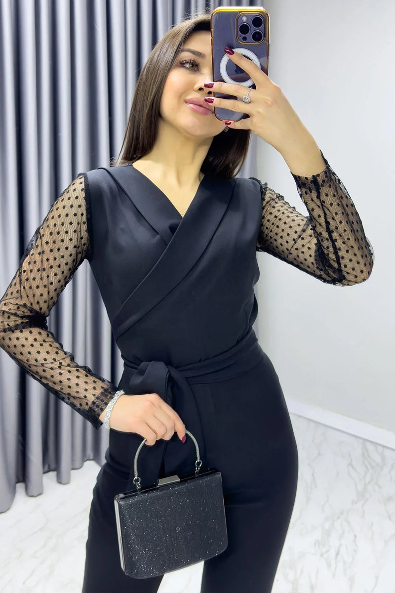 Women's Black Puantiye Sleeve Belted Jumpsuit