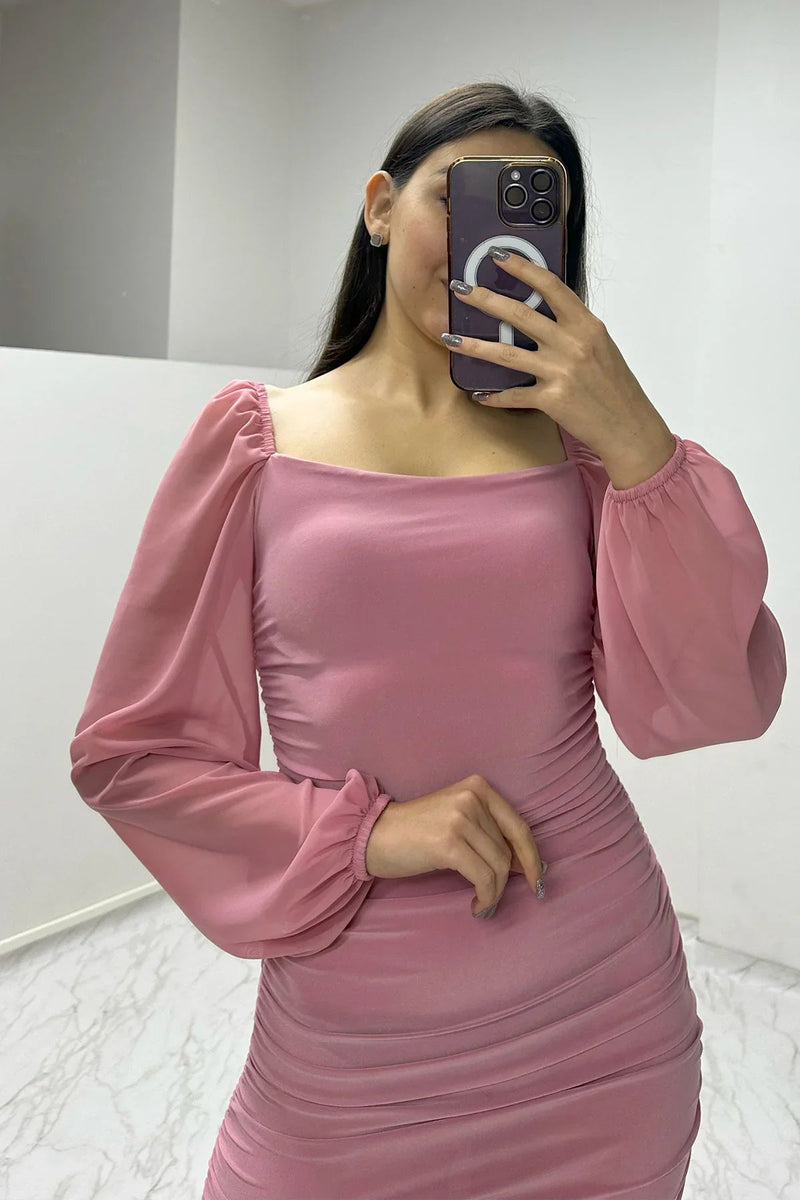 Women's Pink Square Neck Draped Dress