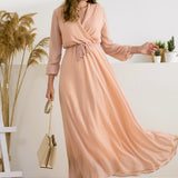 Powder Pink Cross-Over Neck Midi Length Chiffon Dress