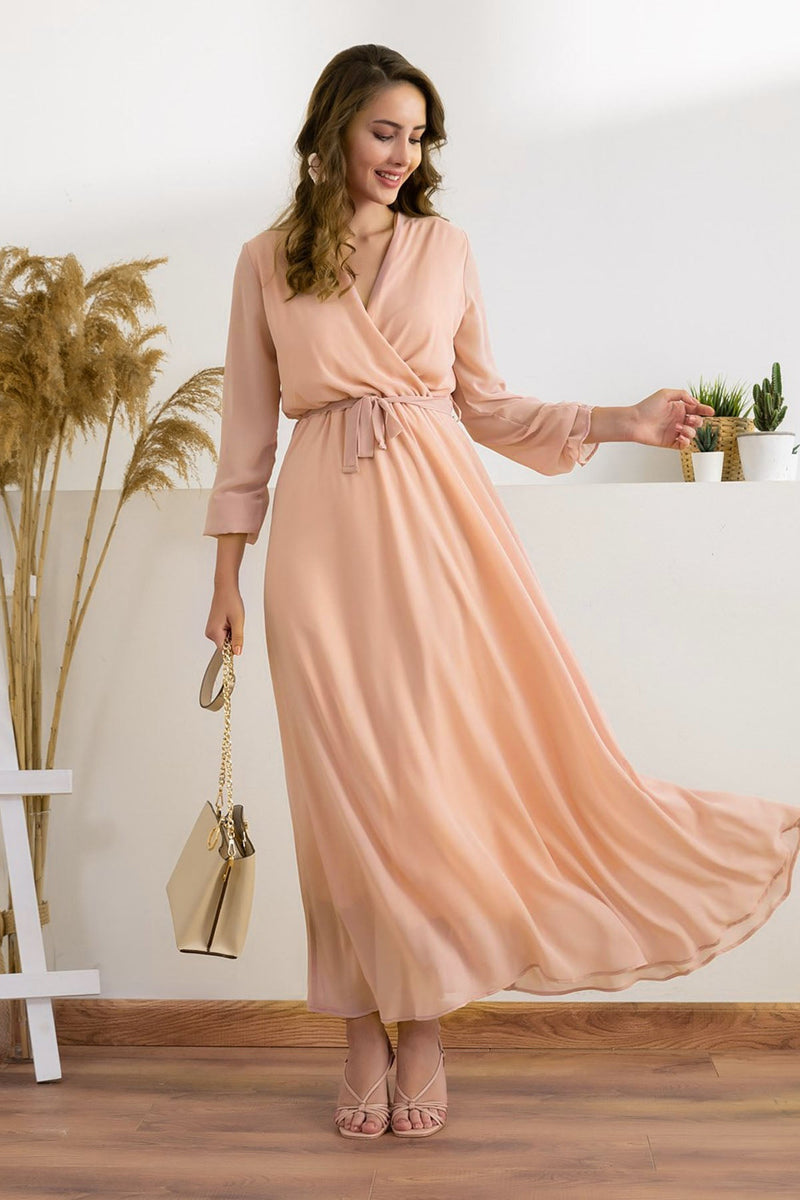 Women's Powder Pink Wrap Neck Chiffon Plus Size Dress