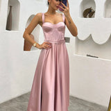 Powder Pink Midi Satin Strappy Evening Dress