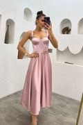 Powder Pink Midi Satin Strappy Evening Dress